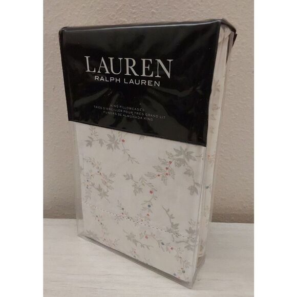 Ralph Lauren CAROLYNE VINE White Grey Floral Cotton King Pillowcases 2-Pack - Picture 2 of 10